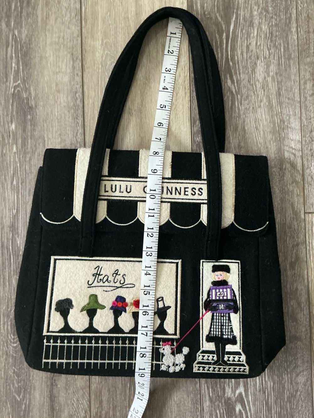 Vintage Lulu Guinness "Hats" store-front embroidered wool felt tote bag - Picture 5 of 7